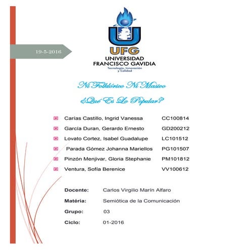 Ni Folklórico Ni Masivo  ¿Qué Es Lo Popular? Néstor García Canclini