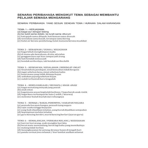 Senarai peribahasa mengikut tema sebagai membantu pelajar semasa mengarang