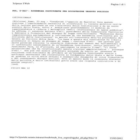 Senatore Antonio d'Alì comunicato ansa su costituente