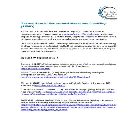 Special Educational Needs and Disability Initial Teacher Education Resource List