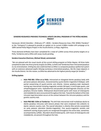 Comunicado de Sendero Resources por Peñas Negras