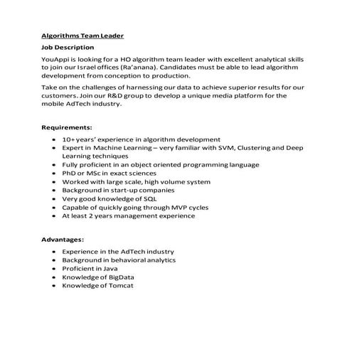 YouAppi Senior Algorithm Developer Job Notice