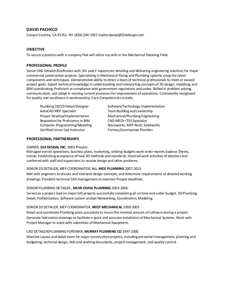 senior auto cad plumbing detailer bim coordinator 3 d sample profile on resumes
