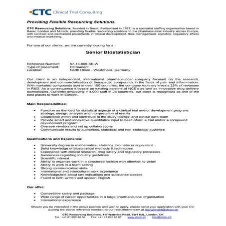 Senior Biostatistician  - Global Pharma