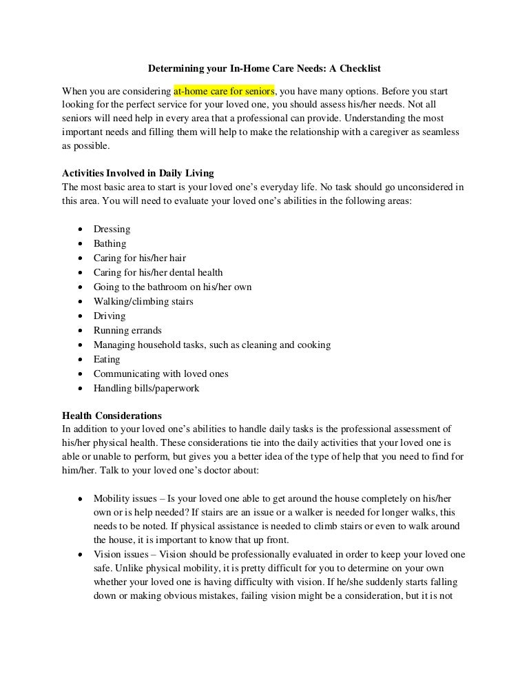 home health care activities of daily living