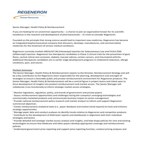 Senior Manager, Health Policy &amp; Reimbursement