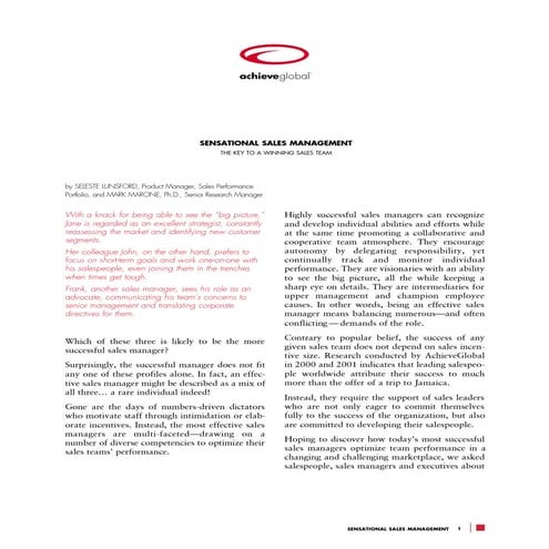 Sensational Sales Management - The Key to a Winning Sales Team