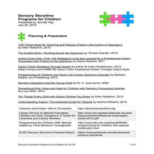 Sensory Storytime Programs: Resource Handout (July 2018)
