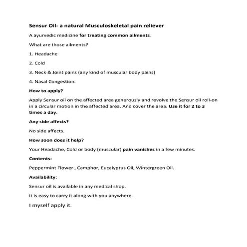 Sensur Oil - A remedy for treating headache, cold and muscular body pains. 