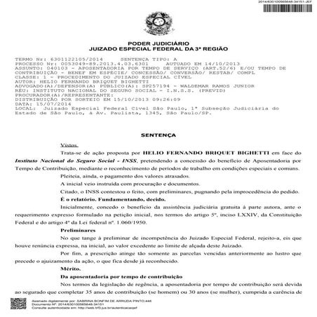 Sentença determinando o enquadramento de atividade especial (ruído) e a concessão da aposentadoria por tempo de contribuição - Waldemar Ramos Junior