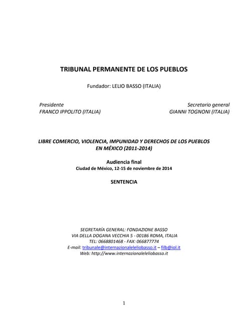 Sentencia Final Tribunal Permanente de los Pueblos (TPP) Mexico 2014