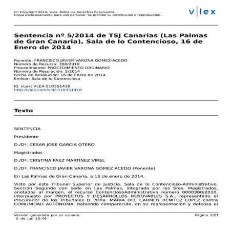 Sentencia nº 5/2014 de la Sala de lo Contencioso Administrativo del TSJC. 
