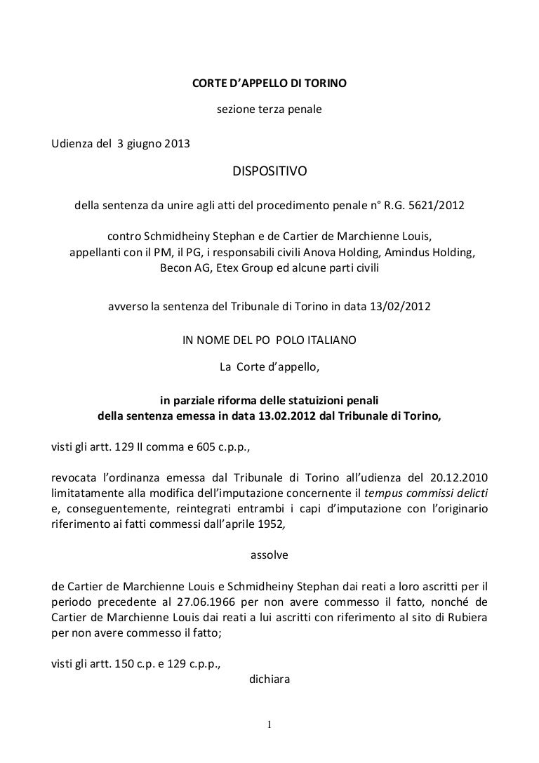 La sentenza d'appello del processo Eternit