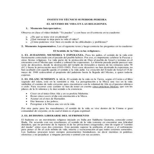 Sentido de la vida en las religiones.