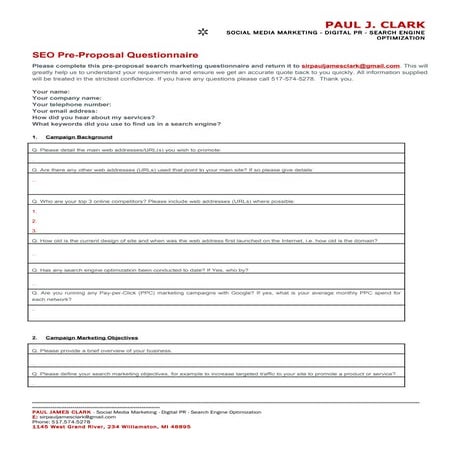 Seo Pre Proposal Questionaire