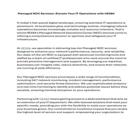 Managed NOC Services: Elevate Your IT Operations with HEX64 | PDF