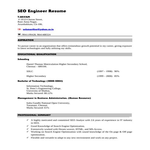 SEO Engineer Resume Selvam Sr. SEO Engineer