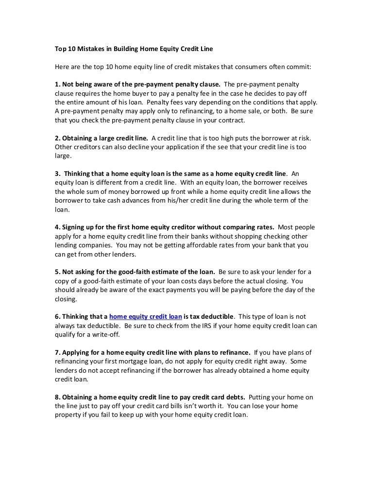 Top 10 Mistakes In Building Home Equity Credit Line