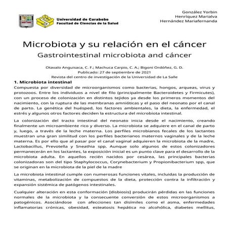 Microbiota Intestinal y su relación con el cáncer | DOCX