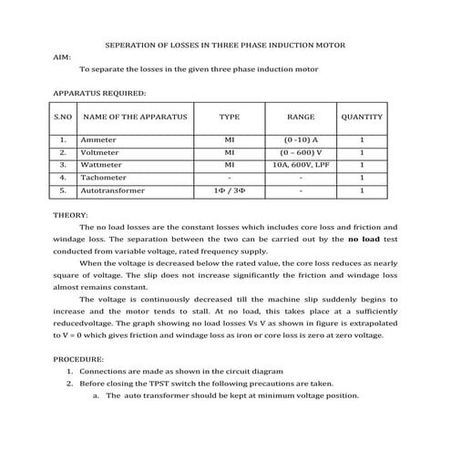 Seperation of losses in three phase induction motor