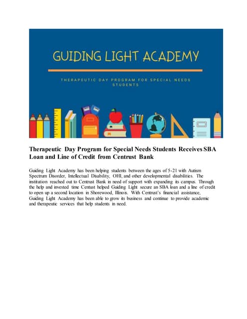 Therapeutic Day Program for Special Needs Students Receives SBA Loan and Line of Credit from Centrust Bank 