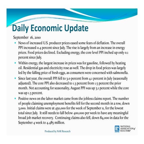 Daily Economic Update: September 16, 2010