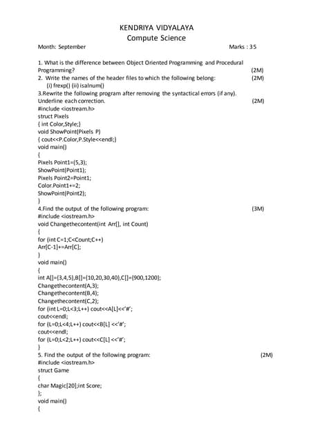 CLASS XII COMPUTER SCIENCE MONTHLY TEST  PAPER