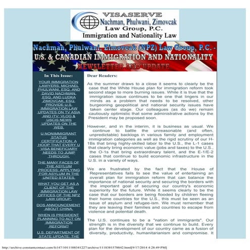 NPZ LAW GROUP'S U.S. & CANADIAN IMMIGRATION  LAW UPDATE (September 2014)