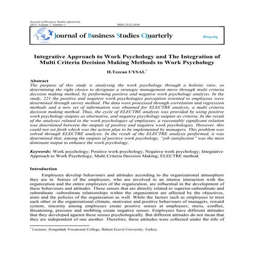 Integrative Approach to Work Psychology and The Integration of Multi Criteria...