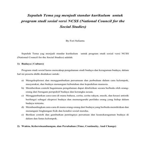 Sepuluh Tema yag menjadi standar kurikulum  untuk program studi sosial versi ...