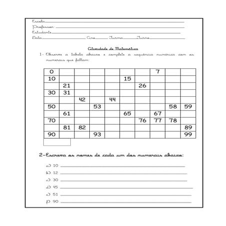 Sequência numérica de 0 a 100 - 3º Ano do Ensino Fundamental