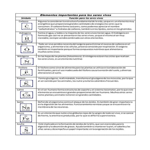 Elementos importantes para los seres vivos