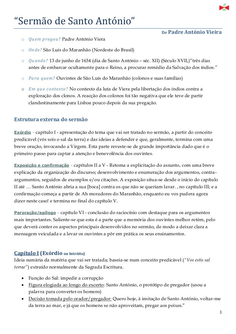 Resumo Do Sermão De Santo António Aos Peixes