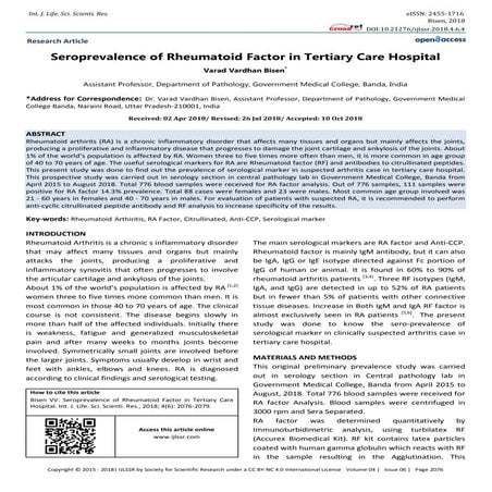 Seroprevalence of Rheumatoid Factor in Tertiary Care Hospital