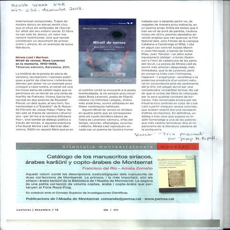 Serra d'or, Núm.636, (desembre 2012)  Tria de J.M. Ripoll