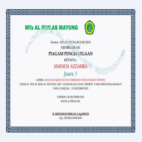 Sertifikat lomba hafalan sura pendek MTs A Ikhlas mung
