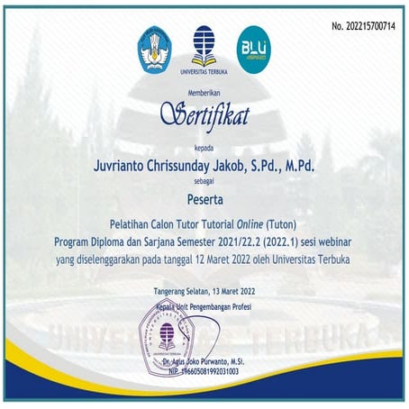 Sertifikat Pelatihan Calon Tutor Tuton 2022.1 a.n. Juvrianto Chrissunday Jako...