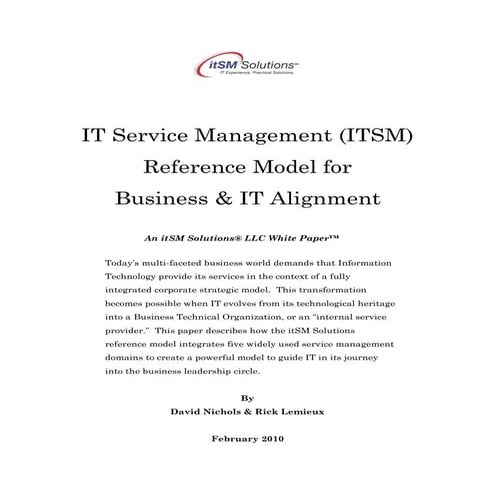 IT Service Management (ITSM) Model for Business & IT Alignement