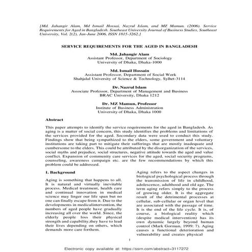 SERVICE REQUIREMENTS FOR THE AGED IN BANGLADESH | PDF