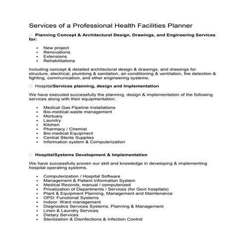 Services of a professional health facilities planner