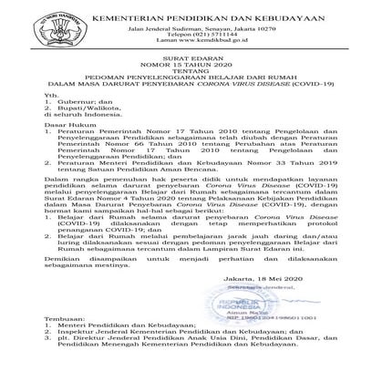 SURAT EDARAN NOMOR 15 TAHUN 2020TENTANG PEDOMAN PENYELENGGARAAN BELAJAR ...