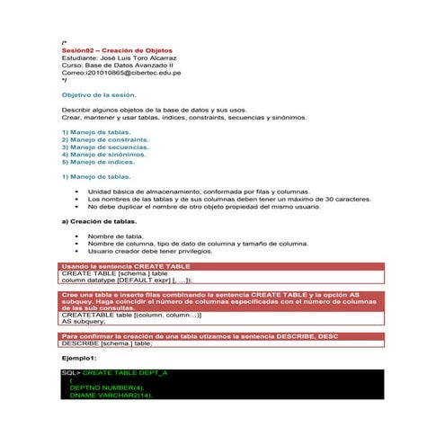 Sesión02 - Creación de objetos (Oracle)
