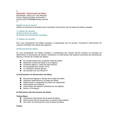 Sesión04 - Diccionario de datos (Oracle)