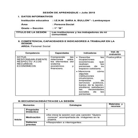 Sesión de aprendizaje 2015 instituciones y sus trabajadores