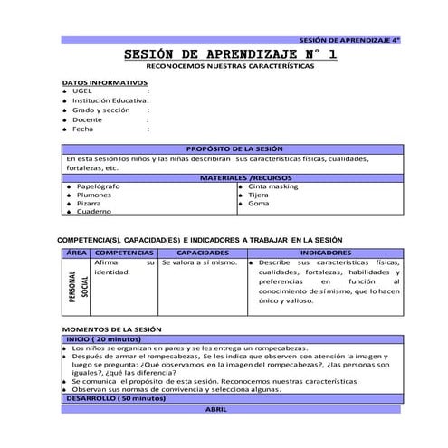 Sesión de aprendizaje 4°   abril