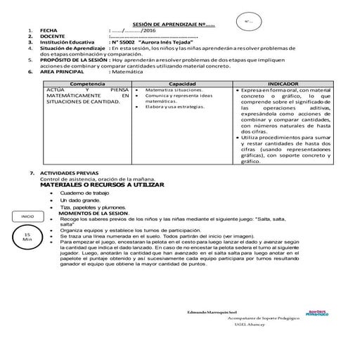 Sesión de aprendizaje de matematica dos etapas paev