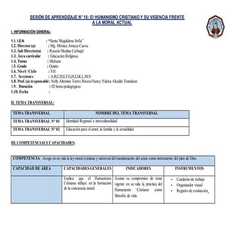 Sesión de aprendizaje n° 15  5 to