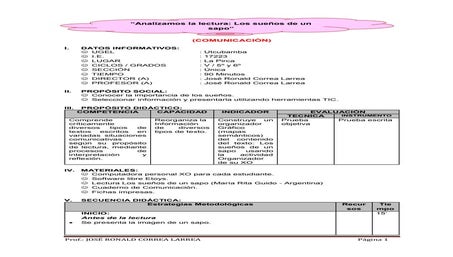 Sesión de aprendizaje xo“analizamos la lectura los sueños de un sapo”