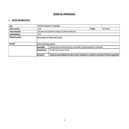 Sesión de Aprendizaje  Conozcamos el relieve de la costa