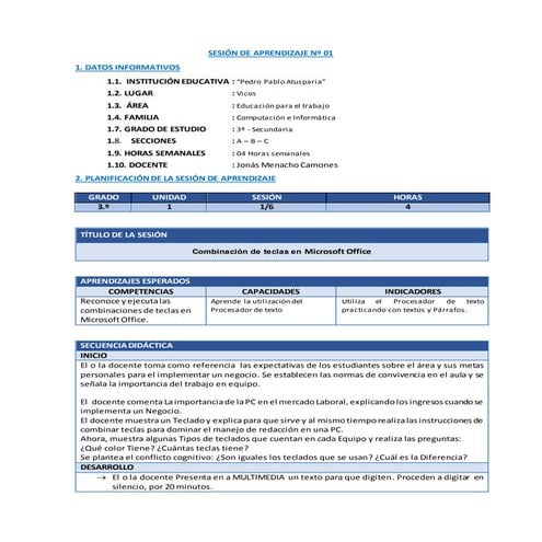 SESIÓN DE APRENDIZAJE EPT 3º GRADO